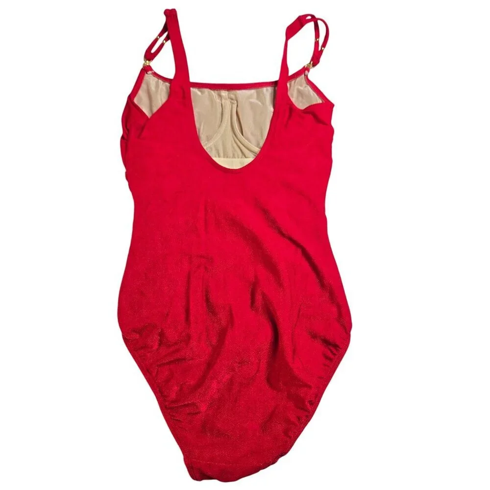 Vintage Roxanne One Piece Swimsuit Red Size 34B Small Ruched Beach‎ Textured